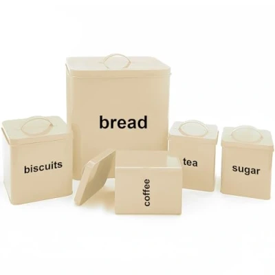 Image of Crystals Cream Bread Bin 5 Piece Ceramic Tea Coffee and Sugar Canisters set Kitchen Box with Biscuit Containers Retro Storage jars &amp;