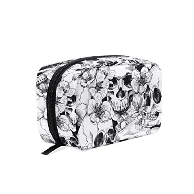 Image of Makeup Pouch Sugar Skull Rose Peony Flower Print Cosmetic Toiletry Bag Storage Large Travel Handle Personalised with Compartments for Teenage Girl Women Lady White Black