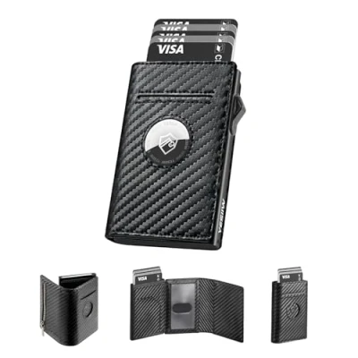 Image of YESIIW AirTag Wallet for Men with RFID Blocking, Mens Wallets Apple Air tag Wallet, Pop Up Card Holder Money Clip and Coin Pocket, Slim Metal Carbon Fiber Black