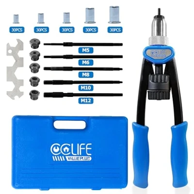 Image of Professional Hand Blind Rivet Nut Tool Riveter Gun Kit with 150 Rivets M5 M6 M8 M10 M12 (30 Pieces Each)