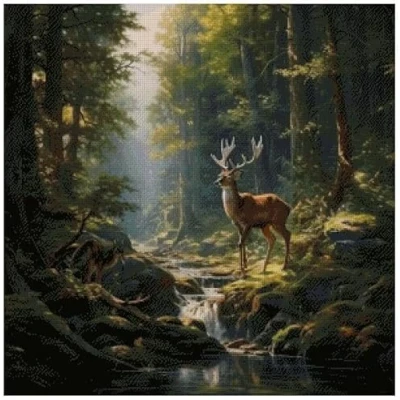 Image of Deer in Summer 14ct Cotton Counted Cross Stitch Kits, 100% Cotton, 14 Count 300x300 Stitch,54x54cm and Landscape kit