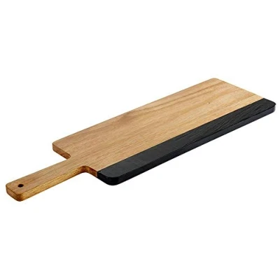 Image of APS Serving Tray Akazie Schiefer, Rustic of Acacia Wood, Wooden Board with Natural Slate Stripes for Inscription, 13 x 40,5 cm, 1,5 Brown/Black
