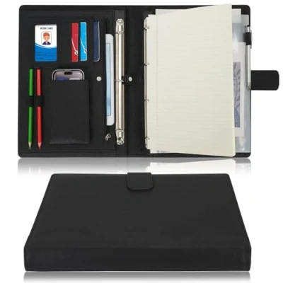 Image of Wonderpool A4 PU Leather 4 Ring Holder Writing Portfolio Multi Document Case with Removable Binder Clipboard and Functional Pocket for Organizer Office Travel School (Black)