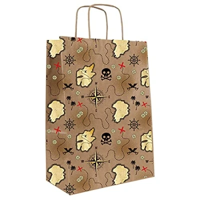 Image of Amscan 9910327 Treasure Island Pirate Kids Birthday Party Paper Loot Bags 8 Pack