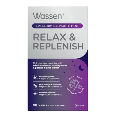 Image of Wassen Relax &amp; Replenish 90 Magnesium Capsules Supplements Supporting Psychological Function Ashwagandha to Support Relaxation Tablets with Reishi Mushroom Passion Flower