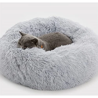 Image of Enjamoy Plush Donut Dog Bed, Calming Round Cat Bed Soft and Fluffy Cuddler Pet Cushion Self Warming Puppy Beds Machine Washable, Grey 50cm
