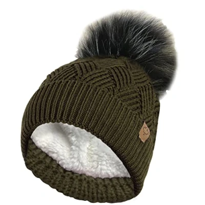 Image of RockJock Ladies Warm Chunky Diamond Cable Knit Hat with Thermal Teddy Fleece Lining and Detachable Faux Fur Pompom Olive
