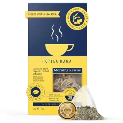 Image of HOTTEA MAMA Morning Rescue Organic Lemon &amp; Ginger Tea Pregnancy Nausea Relief, Heart Burn, Digestion Caffeine Free 14 Whole Leaf Biodegradable Bags (28 Cups Of Tea)