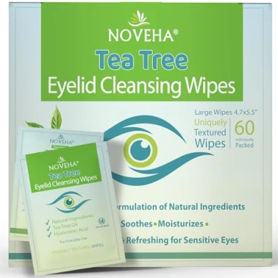 Image of Tea Tree Oil Eyelid &amp; Lash Wipes With Hyaluronic Acid, Green Chamomile For Blepharitis Itchy Eyes, Box Of 60 Individually Wrapped Eyelash Wipes, Natural Makeup Remover Daily Cleanser