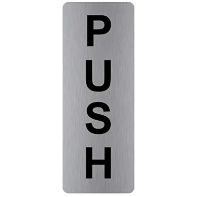 Image of METAL Push Sign Brushed Silver Aluminium Warning Safety Security Door Notice Office Shop Warehouse School