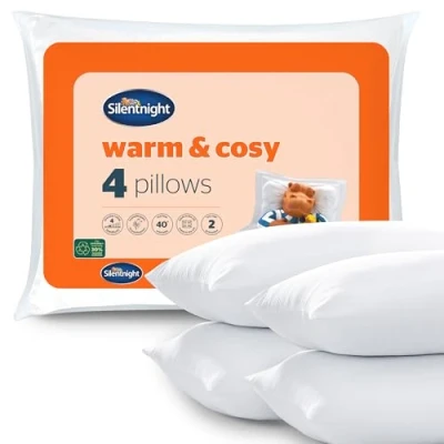 Image of Silentnight Warm &amp; Cosy Pillow 4 Pack Supremely Quality Super Soft Snug Comfy Winter Bed Pillows For Side Back Sleepers Medium Support Machine Washable Hypoallergenic Four