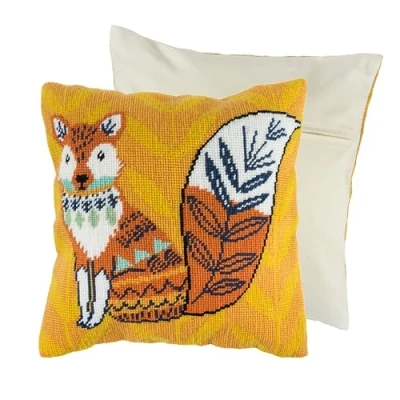 Image of Trimits Half Stitch Cross Cushion Kit, Back Included, Pre Printed Canvas, Yarn and Needle Included 40 x 40cm (15.75 15.75in), Fox