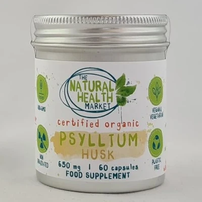Image of Organic Psyllium Husk Capsules 650mg by The Natural Health Market (60 Capsule Tin) High Soluble Fibre Supplement Prebiotic Plastic Free Vegan