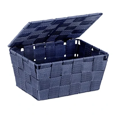 Image of WENKO Adria Storage Basket with Lid Dark Blue Polypropylene 19 x 10 14 cm
