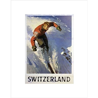 Image of Wee Blue Coo TRAVEL WINTER SPORT SKIING SNOW SKIIER SWITZERLAND VINTAGE FRAMED PRINT B12X1794