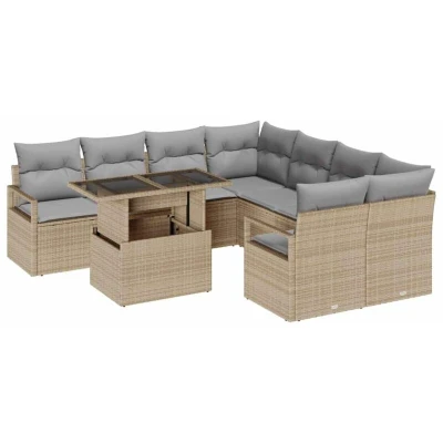 Image of vidaXL 9 Piece Garden Sofa Set with Cushions Beige Poly Rattan