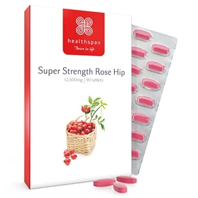 Image of Healthspan Rose Hip 12,500mg (90 Tablets) Supports Joint &amp; Immune Health Helps Maintain Flexible Joints Added Vitamin C Calcium Fatty Acids Flavonoids Vegan