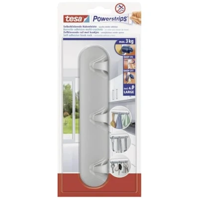 Image of tesa Powerstrip Hook Rack Matt Chrome, Self Adhesive Wall for Tiles, Glass, Wood, Plastic and Flat Surfaces Easily Removable Powerstrips Technology Large