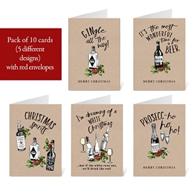 Image of Hip Hooray Funny Humorous Christmas Cards, Gin beer Wine Prosecco Booze Alcohol Themed Cards with Red Envelopes pack of 10 (It&#039;s the most wonderful time for a 10)