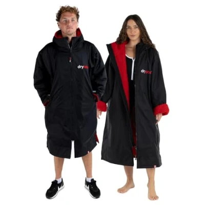 Image of Dryrobe Advance The Original Long Sleeve Waterproof Changing Robe Oversized Coat with Fleece Lining for Beach, Cold Water Wild Swimming, Surfing Unisex, Men, Women &amp; Kids Small Black/Red