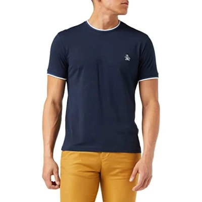 Image of ORIGINAL PENGUIN Men&#039;s Sticker Pete Ringer Tee T Shirt, Dark Sapphire, S UK