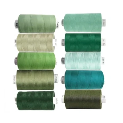Image of Coats Moon Assorted Sewing Thread Box of 10 Reels x Polyester Over Locking 1000 Yards 120’s (Assorted Greens)