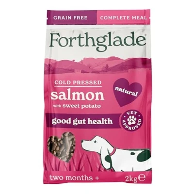Image of Forthglade Dry Dog Food, Cold Pressed, (2kg Resealable Bag), Salmon with Vegetables, Hypoallergenic Grain Free Complete Meal, Natural Senior, Adult and Puppy Food for Good Gut Health