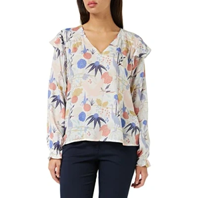 Image of MUSTANG Women&#039;s Style Emma Ruffle AOP Blouse, 2311_Crane_Print 12388, 34