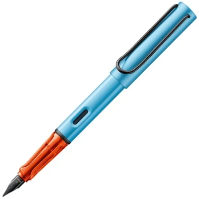 Image of LAMY AL star denim Fountain Pen with ergonomic grip &amp; polished steel nib in size M lightweight aluminum body including T 10 blue cartridge Right Handed