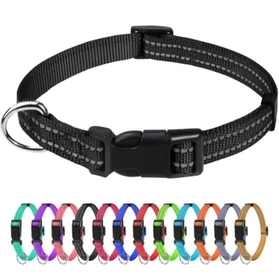Image of TagME Reflective Nylon Dog Collars, Adjustable Classic Collar with Quick Release Buckle for Puppy, Black, 1.0 cm Width