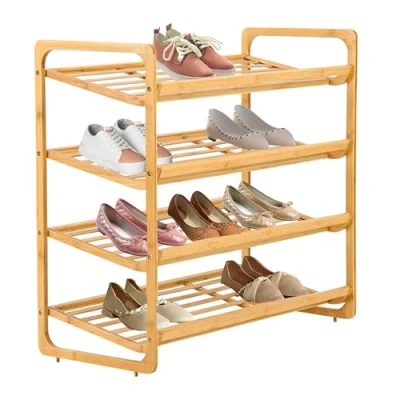 Image of Knight 4 Tier Bamboo Shoe Rack,100% Natural &amp; Renewable, Super Strong Heavy Duty Durable Wooden Rack Stand Storage Organiser (4 (L71 x W33 H68 cm))