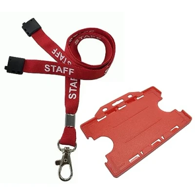 Image of Customcard ltd Staff Printed Lanyard Metal Trigger Clip with DS Holder Red, Staffydouble1