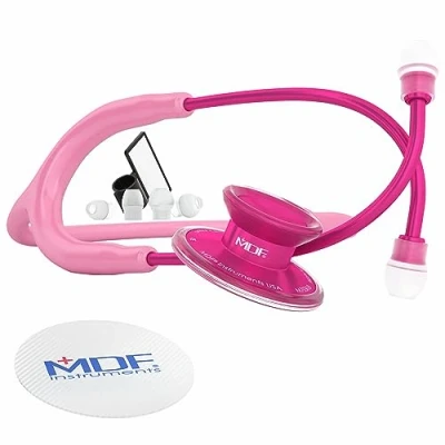 Image of MDF Instruments, Acoustica Lightweight Stethoscope for Doctors, Nurses, Students, Home Health Use, Adult, Dual Head, Pink Tube, Alloy Chestpiece Headset, MDF747XPPA01