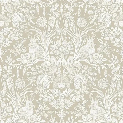 Image of Harlen Beige Wallpaper Floral Flowers Leaves Naturistic Botanical Hedgehog Rabbit Bedroom Feature Wall