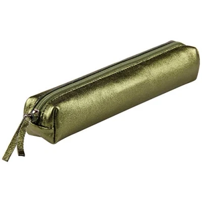 Image of Clairefontaine Ref 400007C Cuirisé&#039; Leather Slim Pencil Case 4 x 2.5 19.5cm, Made From Genuine Lambskin Leather, Metal Zip With Puller Green