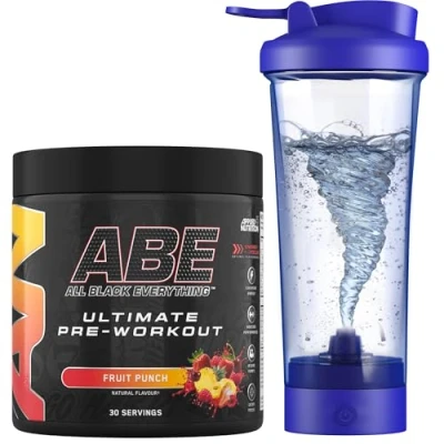 Image of Applied Nutrition Bundle ABE Pre Workout 375g + Electric Shaker All Black Everything Powder, Energy Drink, Physical Performance, Creatine, Beta Alanine, Caffeine (Fruit Punch)