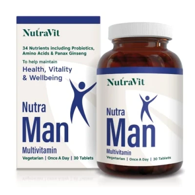 Image of NUTRAMAN Mens Multivitamin Vitamins for Men 30 Tablets 34 &amp; Minerals Daily Energy Health with Probiotics, Panax Ginseng, Amino Acids Methyl B12 NutraVit