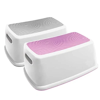 Image of Dreambaby Easy UP Premium Step Stool for Kids &amp; Adults; CAN HOLD TO 145KG; Bathroom Toilet Kitchen Independence; Anti Slip Sure Grip Ripple Textured Topper; Base Pads (Grey + Pink, 1)