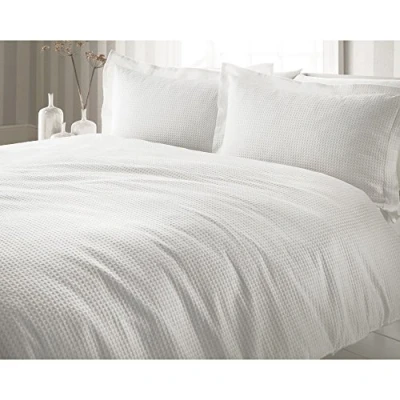 Image of Riva Paoletti Waffle Plain White Super King Size Duvet Cover Set Weave Texture 2 X Oxford Border Pillowcases Included 100% Cotton Machine Washable 260 220Cm (102&quot; 87&quot; Inches)