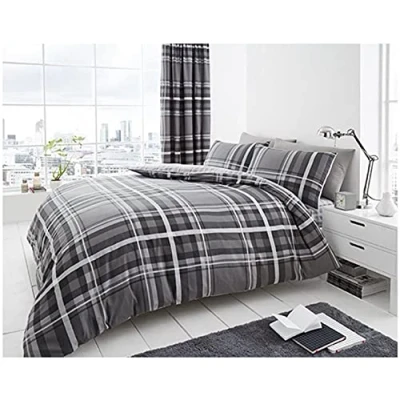 Image of GC GAVENO CAVAILIA Luxury Tartan Check Reversible Super King Size Duvet Cover, Soft Checkered Bedding Geometric Quilt Bed Set, Grey