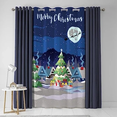 Image of Bedlam Christmas Curtain W55 x L84 (138 214cm) Eyelet Glow in the Dark for Xmas Merry Curtain/Festive Town Bedroom/Living Room Decorations