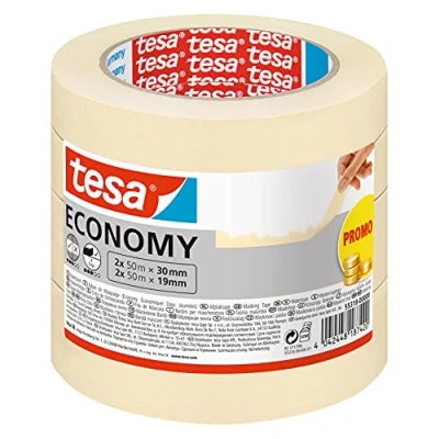 Image of tesa Masking Tape ECONOMY EcoLogo Painters Tape, 4 Days Residue Free Removal, Without Solvent Narrow, 2x 50m x 30 mm + 19mm