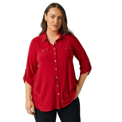 Image of EVANS Curve Tab Sleeve Blouse Women&#039;s Plus Size Red