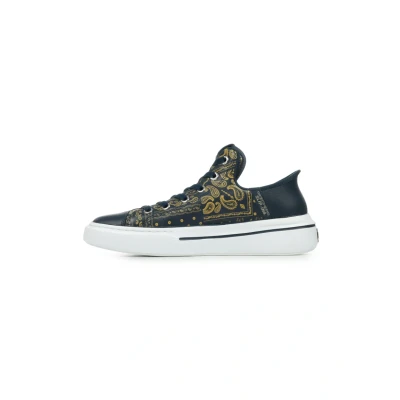 Image of Skechers Unisex Hands Free Slip ins x Dogg Snoop ONE Double G Sneaker, Navy/Gold Bandana Print Leather, 7.5 UK