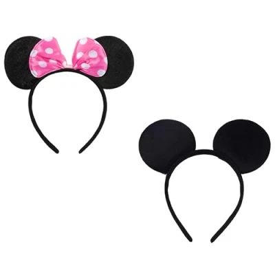 Image of SERENA&#039;S ® 2 PCS Cartoon Mouse Ears Headband Pink and black Polka Dot Bow Birthday Halloween, Party Accessories, Minnie for Adults/Children Fancy Dress Costume Head Band Accessory