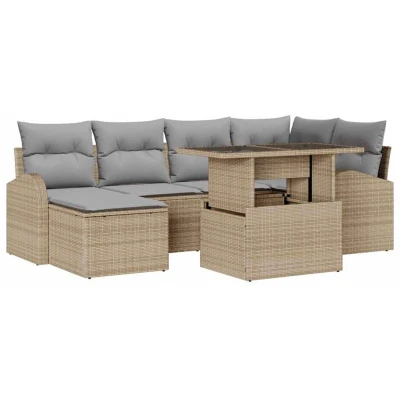 Image of vidaXL 7 Piece Garden Sofa Set with Cushions Beige Poly Rattan