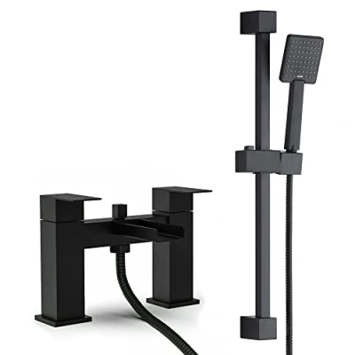 Image of Modern Bathroom Shower Mixer Tap with Riser Rail Kit Filler Handset &amp; Hose Attachment Waterfall Bath Luxury Slide Matte Black