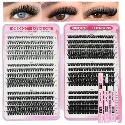 Image of GGOKOK DIY Lash Clusters Kit 30D+40D+50D+60D+80D+100D Fluffy Volume 8 16MM Thick Eyelash Extension Individual Bond and Seal Tweezers(30D 100D)