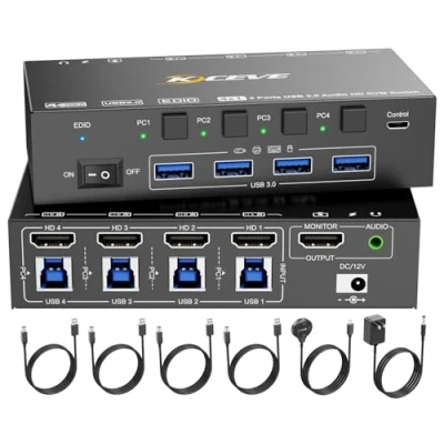 Image of 8K@60Hz HDMI KVM Switch 4 Computers 4K@144Hz, Simulation EDID, MLEEDA Port USB3.0 with Audio for Computer Share 1 Monitor and Keyboard Mouse Headset,Wired Remote,Power Adapter Included