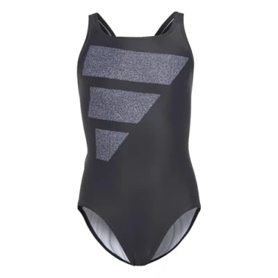 Image of adidas Girl&#039;s Big Bars Logo Swimsuit, Black/Silver Violet/White, 4 5 Years